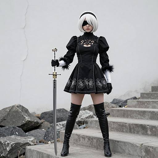 Bold Female Cosplayer in Dramatic Setting
