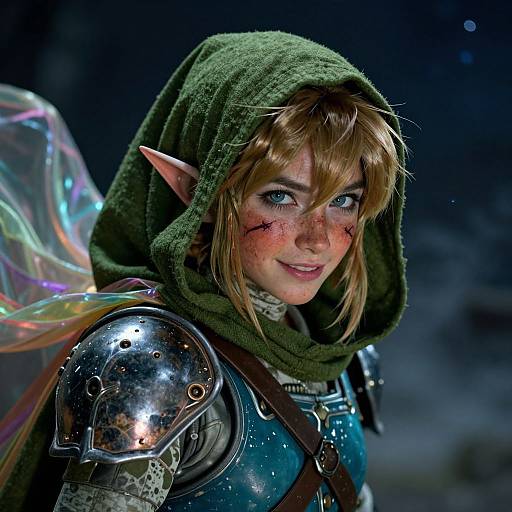 Digital art of a young, blonde, elf with green hood, blue eyes, and freckles, wearing shiny silver armor and green cloak, with