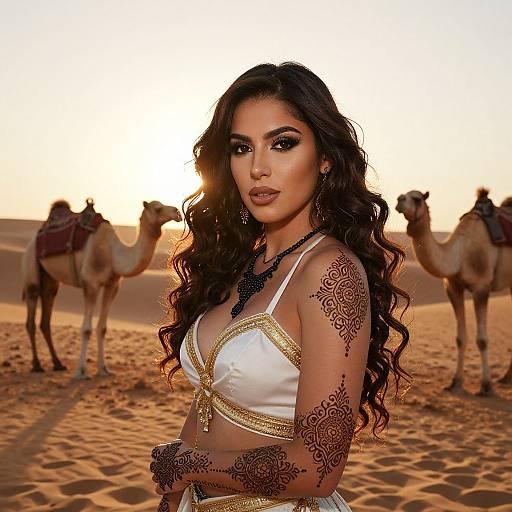 Photograph of a beautiful Middle Eastern woman with long curly black hair, intricate henna tattoos, wearing a white and gold bikini top, standing in a
