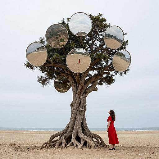 Photograph of a surreal desert scene: a woman in a red dress stands before a tree with large, reflective orbs, mirroring a distant red figure