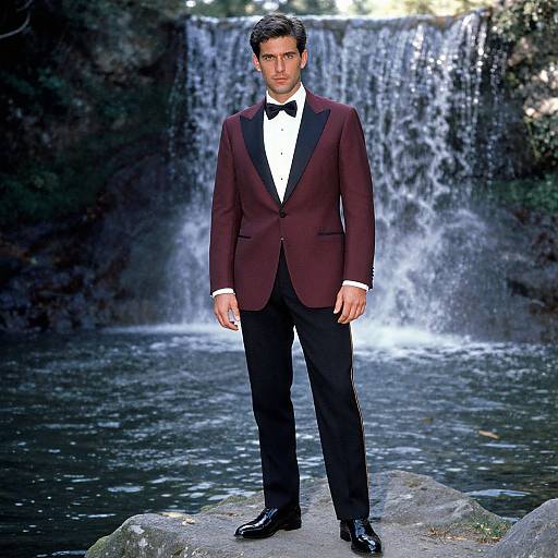 Photograph of a handsome man with short dark hair, wearing a burgundy tuxedo, black bow tie, white shirt, standing on rocks in