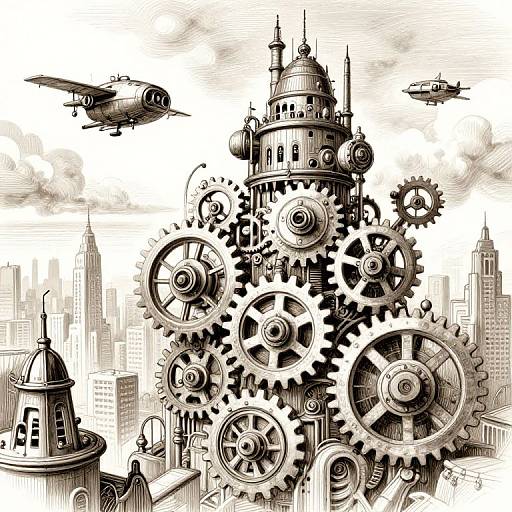 Intricate Steampunk Cityscape with Gears and Flying Machines