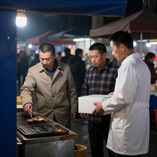 Three Men at Indoor Market Stall