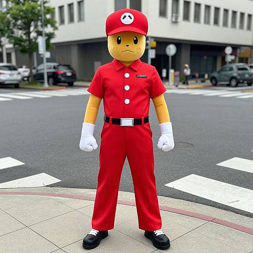 Photorealistic CGI of a yellow, sad-faced Mario character in a red uniform, white gloves, and hat, standing on a city crosswalk.