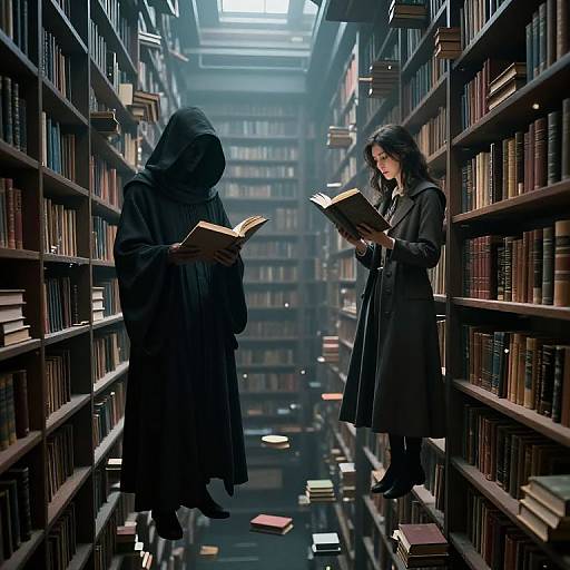 Photograph-style digital art: Two hooded figures in dark robes, reading books in a dim, misty library with tall shelves and scattered books.