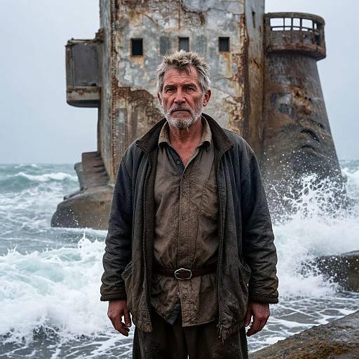 Grizzled, bearded man in dark, worn clothes stands before a rusted, ocean-washed lighthouse, waves crashing in the background.