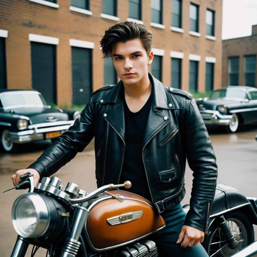 Striking Young Man with Vintage Motorcycle