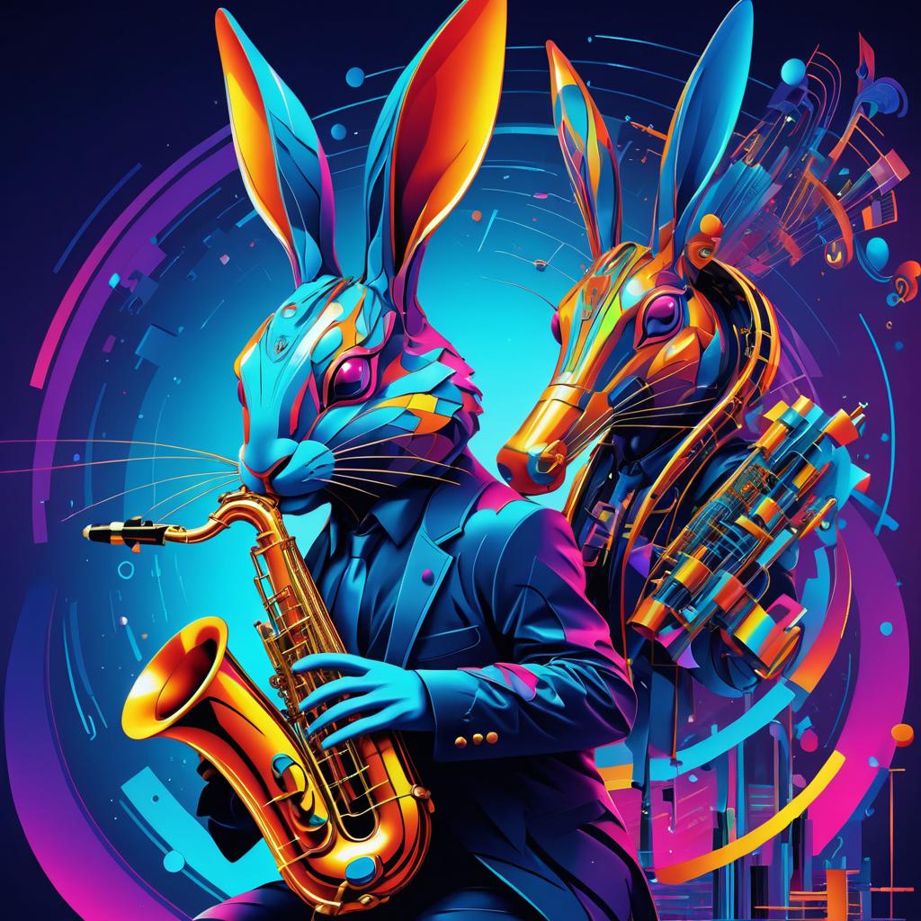 Vibrant Cybernetic Rabbit Playing Saxophone