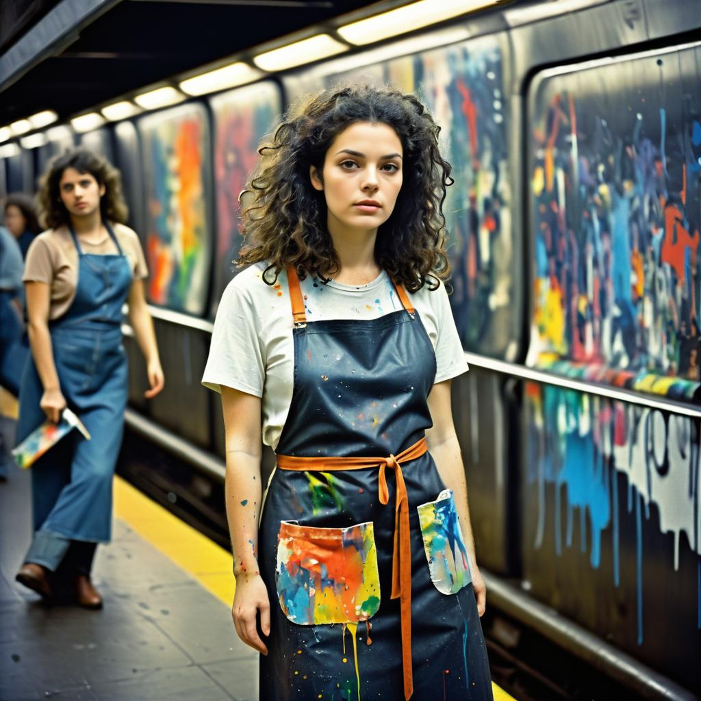 Pensive Artist in Chaotic Subway Scene