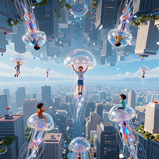 Digital art: Children in colorful clothes float in transparent bubbles above a vibrant, blue-toned cityscape with skyscrapers, surrounded by bright, dynamic