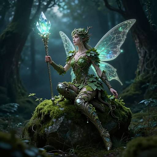 Digital fantasy artwork: Fairy with glowing wings, leafy armor, and crystal staff, seated on mossy rock in mystical, moonlit forest.