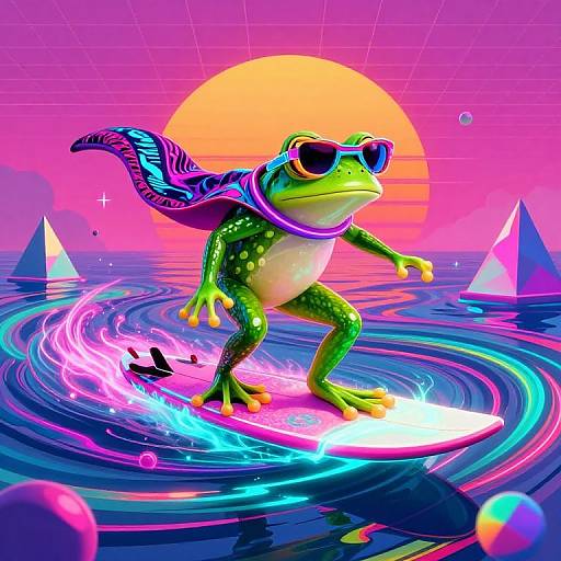 Vibrant digital illustration of a green frog surfing on a neon board, wearing sunglasses and a purple scarf, against a pink and orange sunset over a