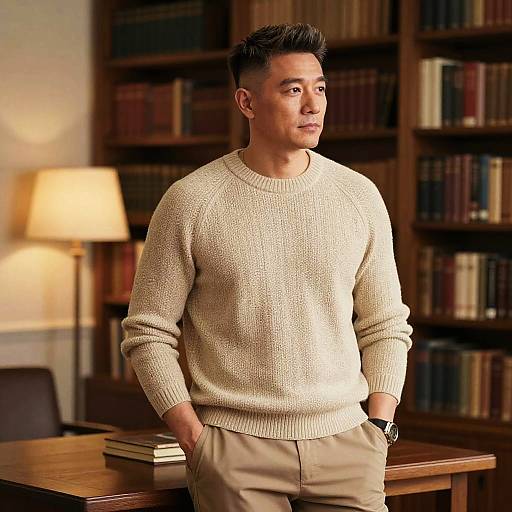 Photograph of a handsome Asian man with short, spiked black hair, wearing a cream knit sweater and beige pants, standing in a book-filled library with