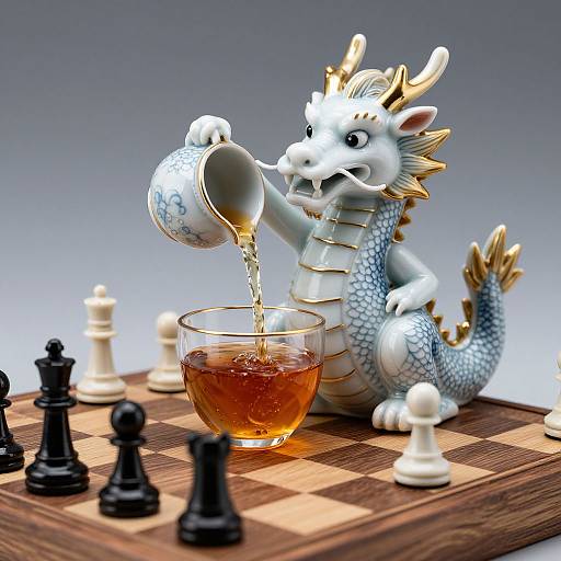 Photograph of a white, blue-scaled, gold-accented dragon figurine pouring tea from a teapot into a glass on a chessboard
