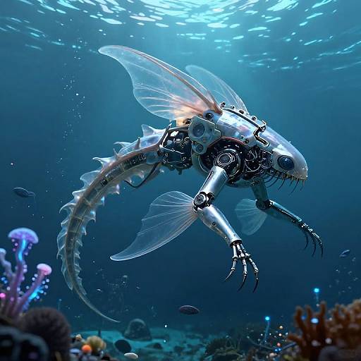 Photorealistic digital art of a robotic, insect-like underwater creature with translucent wings, metallic body, and spiky tail, swimming amid colorful corals