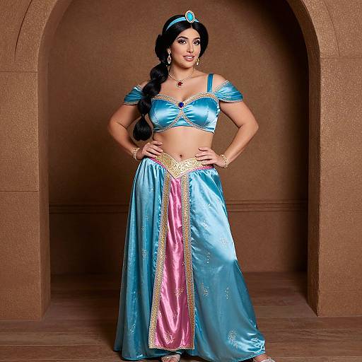 Photograph of a South Asian woman with long black hair in a blue and pink satin harem outfit, gold trim, and tiara, standing confidently