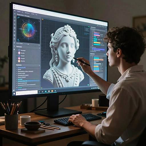 Photograph of a man with curly brown hair, wearing a white shirt, digitally painting a grayscale bust on a computer screen.