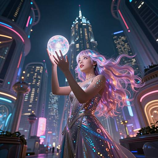 Digital art of a futuristic city at night; a woman with long, glowing pink and purple hair holds a glowing orb, wearing a shimmering silver dress