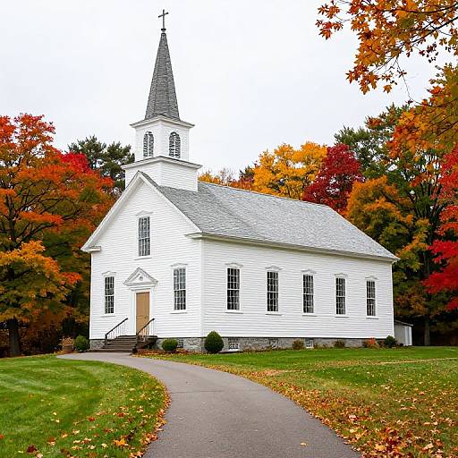 White Clapboard Church Amid Fall Foliage