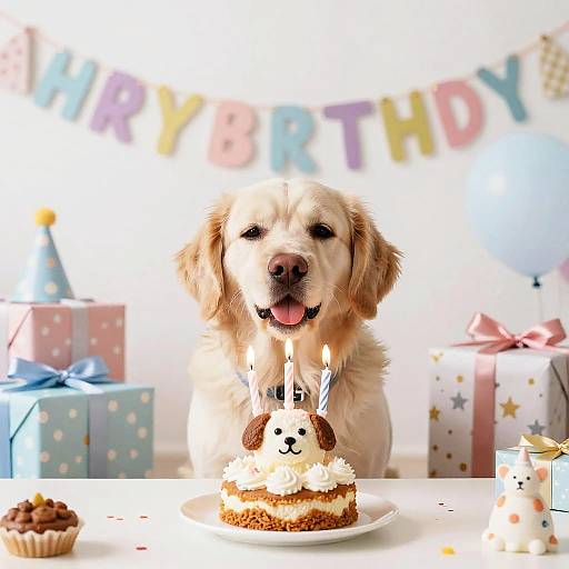 Golden retriever with candle on birthday cake, surrounded by colorful gifts and 