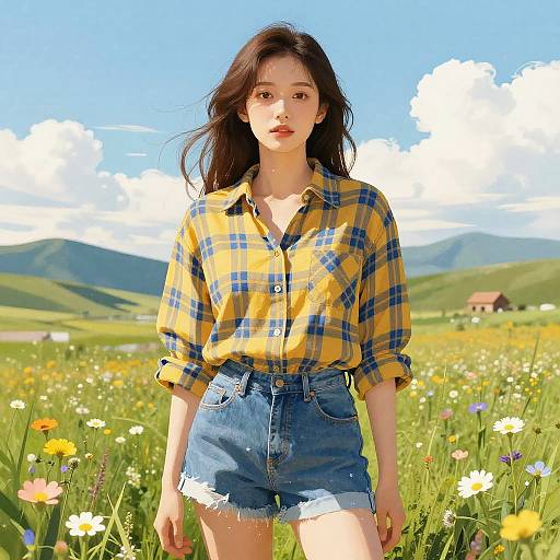 Young woman with long dark hair in yellow-blue plaid shirt and frayed denim shorts stands in vibrant, sunny meadow with colorful flowers and distant hills