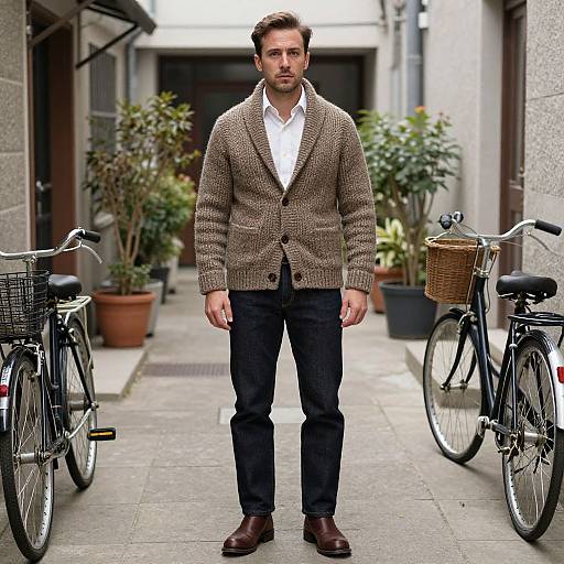 Man in Earthy Shawl Cardigan Alleyway