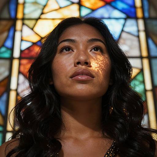 Close-up photograph of a young woman with long, wavy black hair, brown eyes, and glowing skin, illuminated by colorful stained glass background.