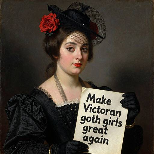 Victorian-era portrait of a woman in black lace dress and hat with red rose, holding sign 