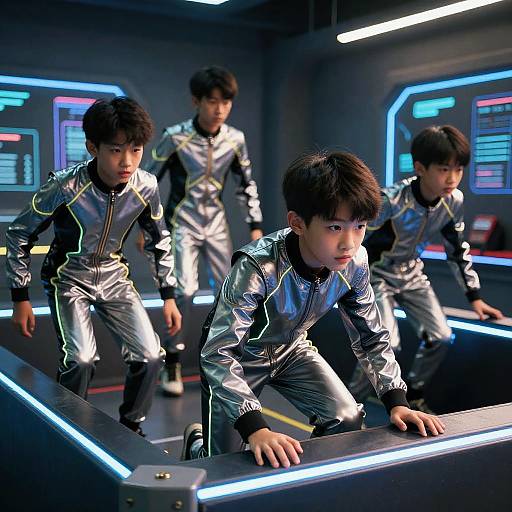 Photorealistic CGI of four Asian boys in shiny silver tracksuits, crouching on a futuristic, neon-lit platform in a sci-fi setting