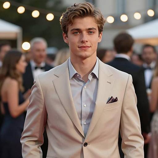 Handsome young man in beige suit at outdoor evening event