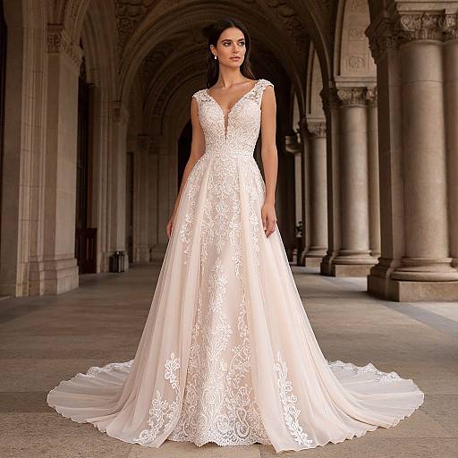 Photograph of a slender woman with dark hair wearing a white lace, V-neck, ball-gown wedding dress, standing in an ornate, ar