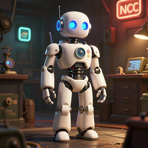 Photorealistic CGI of a white, humanoid robot with blue glowing eyes standing in a dimly lit, industrial workshop with neon signs.