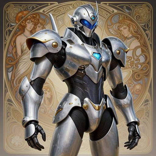 Digital artwork of a futuristic, silver armored robot with blue glowing accents, standing before an ornate, Art Nouveau-inspired background with two ethereal,