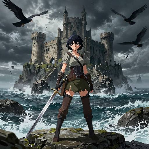 Digital anime-style artwork: fierce, blue-haired warrior woman with sword, dark armor, and thigh-high boots stands on rocky shore before stormy seas and