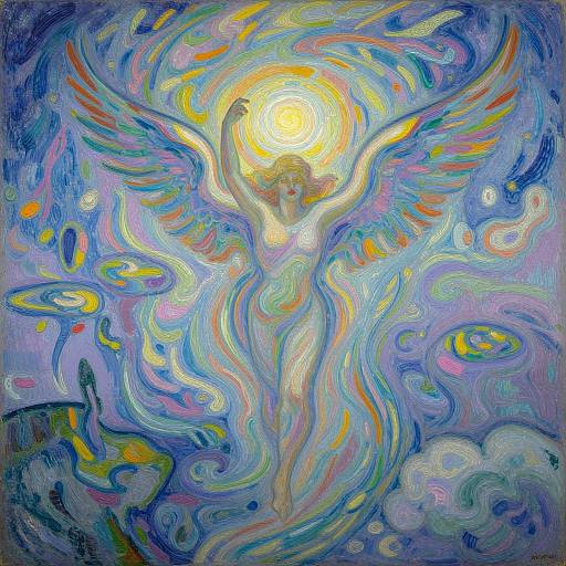 Vivid, swirling painting of a radiant, angelic figure with wings, illuminated by a bright sun, amidst colorful, abstract waves and clouds. Expression