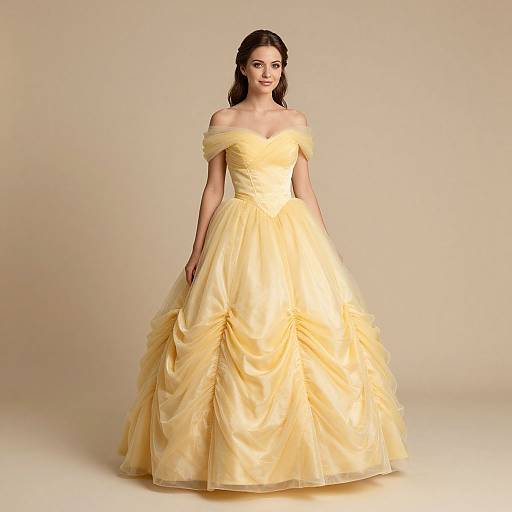 Photograph of a young woman in a yellow off-shoulder ball gown with a ruffled, layered skirt, standing against a plain beige background.