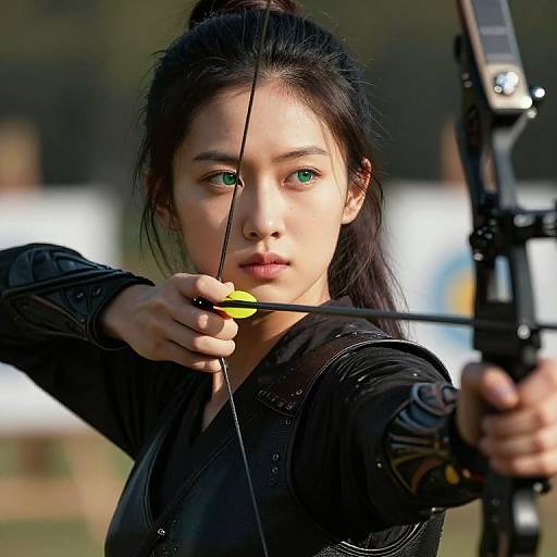 Photograph of a focused, young Asian woman with green eyes, black hair in a ponytail, wearing a black, armored top, drawing a bow