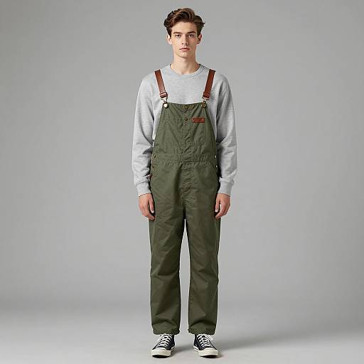 Young man in olive green overalls and grey shirt