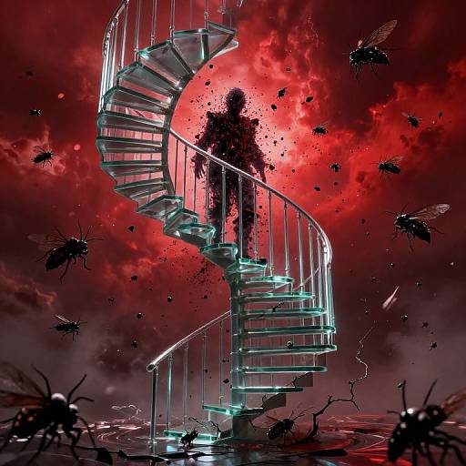 Digital art: Silhouetted figure stands on glowing, spiraling glass staircase amidst red, cloudy sky with flying black insects, splattered debris,