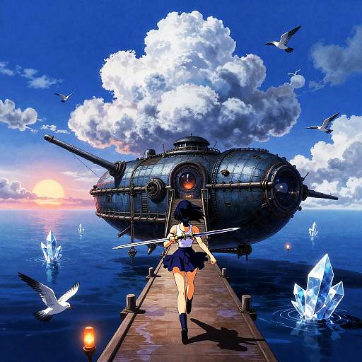 Skyborne Swordswoman at Sunset Airship