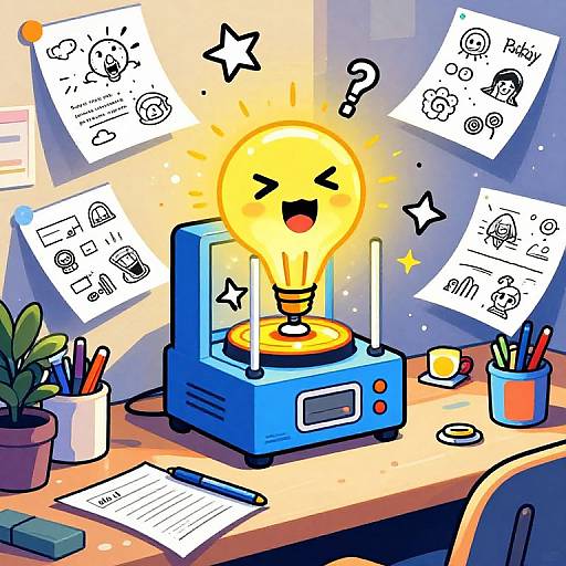 Vibrant digital illustration of a glowing yellow light bulb on a blue machine, surrounded by sketches and office supplies on a desk.