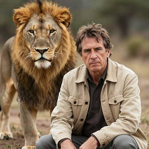 Photograph of a middle-aged man with disheveled brown hair, wearing a beige jacket and black shirt, kneeling beside a majestic lion with a thick