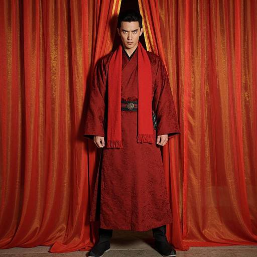 Photograph of an Asian man with short black hair, wearing a red silk kimono and matching scarf, standing centered against vibrant red curtains. Intense