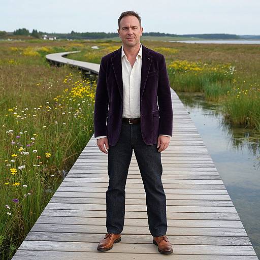 Man in Velvet Jacket on Wildflower Boardwalk
