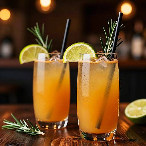 Photograph of two tall glasses filled with orange cocktails, each garnished with a lime slice, rosemary sprig, and black straw, on a