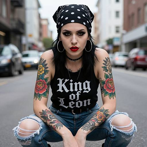 Photograph of a tattooed, pale-skinned woman with black hair, red lipstick, wearing a black polka dot bandana, 