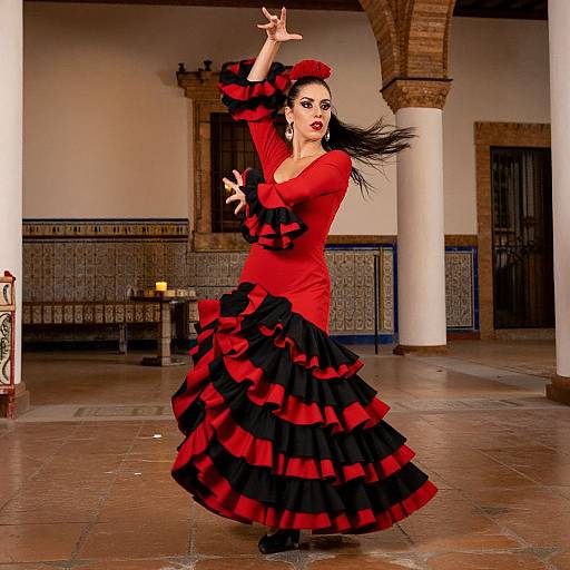 Photograph of a dramatic, dark-haired woman in a vibrant red and black ruffled flamenco dress, mid-dance, in a tiled courtyard with