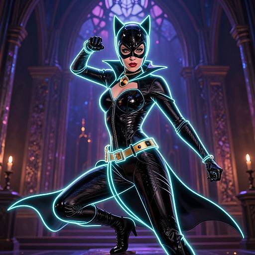Digital artwork of Catwoman in a black, glossy, tight-fitting suit with a glowing blue outline, posing confidently in a gothic cathedral.