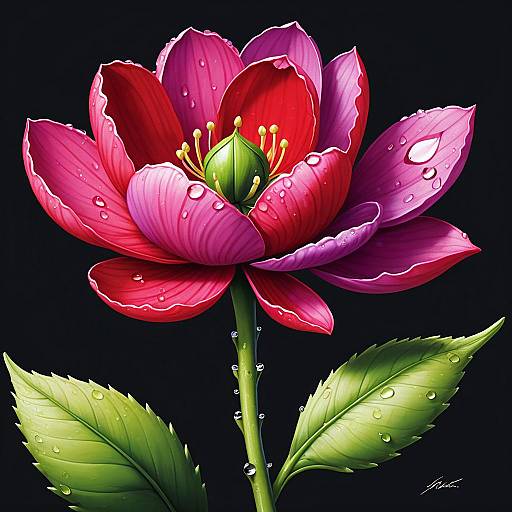 Realistic Pink and Red Lotus with Water Drops