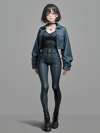 Stylish Woman in Cropped Denim Jacket and Skinny Jeans